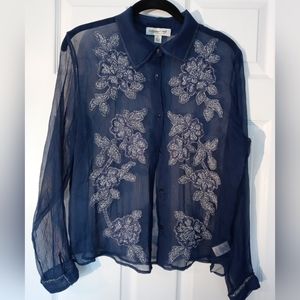 Coldwater Creek 100% Silk Women's Blouse Blue Embroidered Size PL